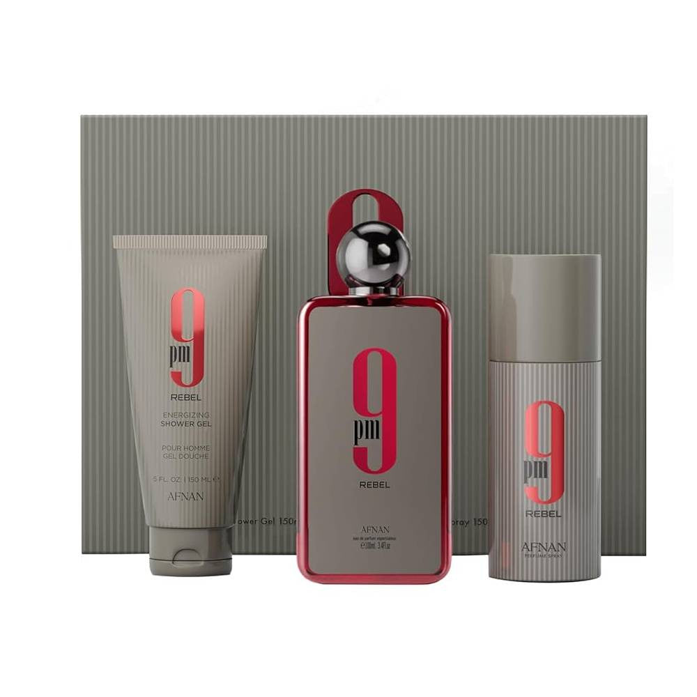 AFNAN SET 9PM REBEL (EDP100ML+SG 150ML+SPRAY PARFUM 150ML)